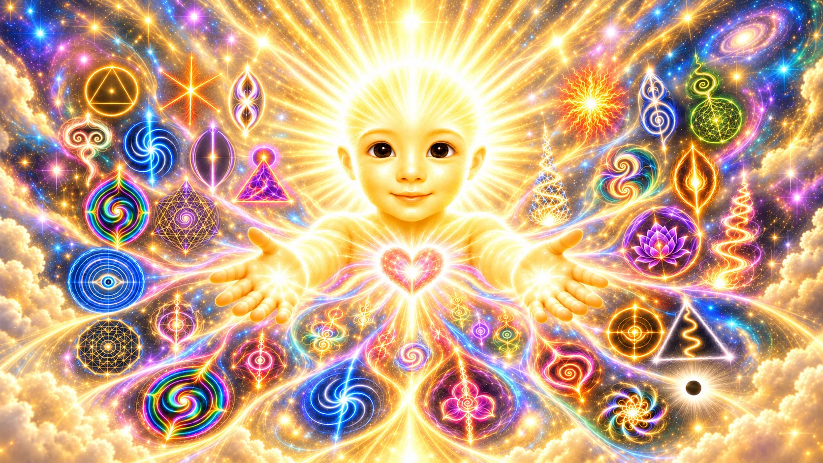 Un niño de luz con las manos abiertas; de su corazón nacen los Códigos de Luz