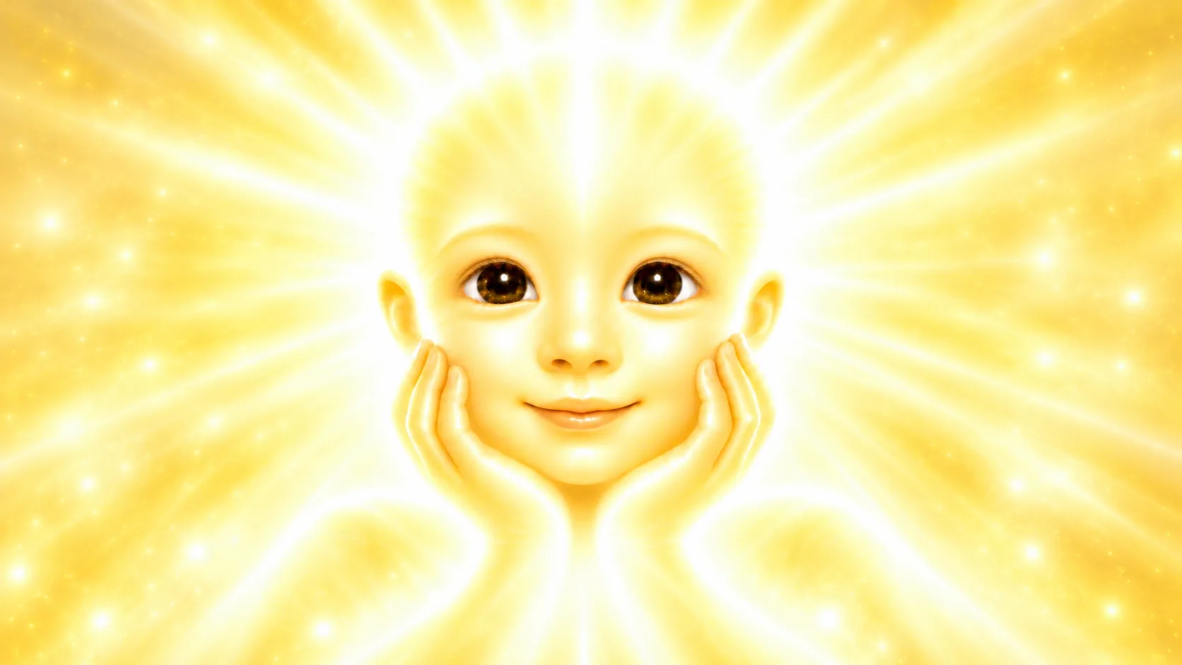 Un niño de luz, sonriente, con el rostro entre las manos